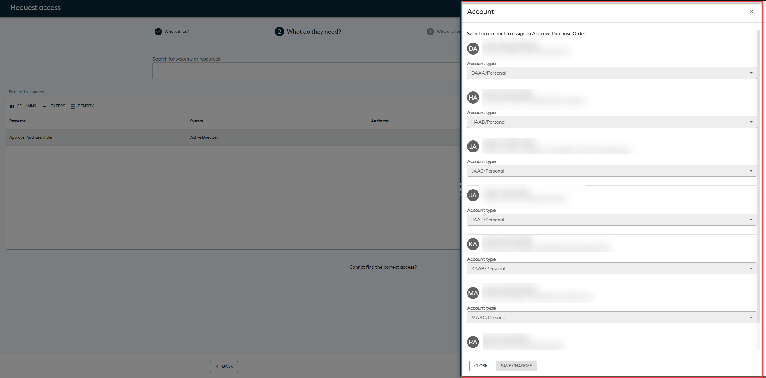 Account side panel in Access request
